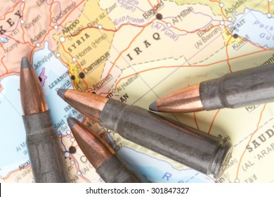 Four Bullets On The Geographical Map Of Iraq And Syria In Middle East. Conceptual Image For War, Conflict, Violence.