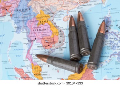 Four Bullets On The Geographical Map Of Thailand, Laos And Vietnam. Conceptual Image For War, Conflict, Violence.