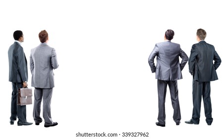 Four Business Mans From The Back - Looking At Something Over A White Background