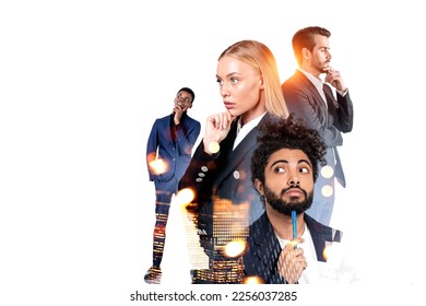 Four business people pensive portraits, multinational teamwork. Double exposure with skyscrapers and bokeh lights. Concept of startup and business analysis - Shutterstock ID 2256037285