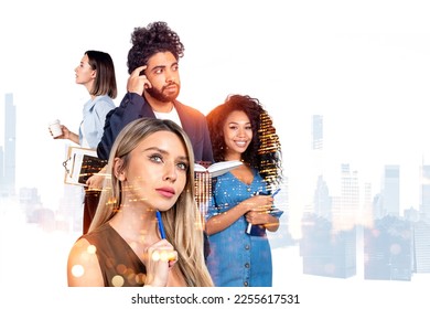 Four business people studying together, pen to chin thinking and smiling. Skyscrapers silhouette overlay. Concept of business education and plan - Shutterstock ID 2255617531