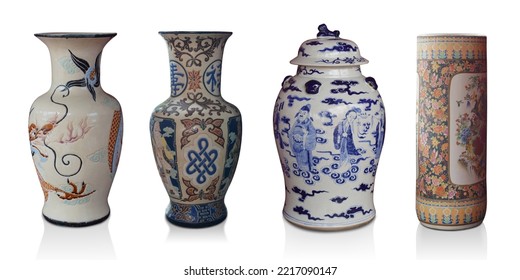 Four Ceramic Pots On White Background, Object, Vintage, Retro, Decor, Gift 