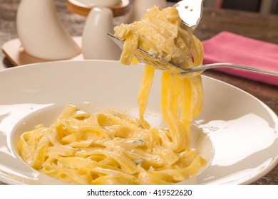 Four Cheese Pasta In A White Plate