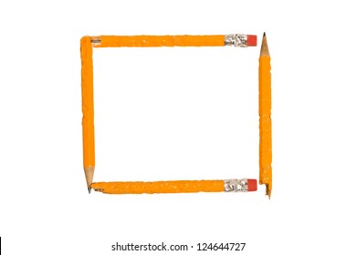 Four Chewed Yellow Pencils Form A Square Frame.  XXXL  Isolated On White.