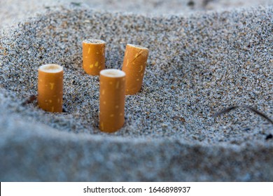 Four cigarette filters on the beach, butts buried in the sand, tourism issues, negligence of ecological issues