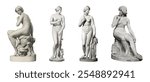 Four classical sculptures of women, each depicting a female figure in a contemplative pose. The statues are crafted in a classical style, showcasing intricate details. Antique sculptures isolated.