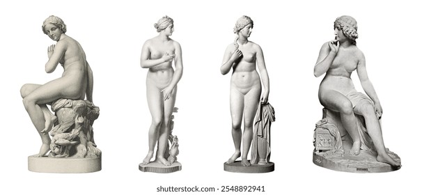 Four classical sculptures of women, each depicting a female figure in a contemplative pose. The statues are crafted in a classical style, showcasing intricate details. Antique sculptures isolated. - Powered by Shutterstock