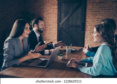 Four Classy Stylish Trendy Elegant Chic Businesspeople Coworking Investors Customer Care Cheerful Managers Wearing Suits Selling Buying Realestate Industrial Interior Workstation Place