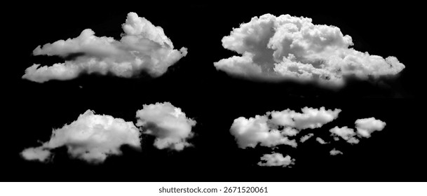 Four clouds are collected in a set on a black background. Easy to select and recolor for collage and editing. Masking and silhouettes for your designs. Brushes of cloud and smoke projections.
