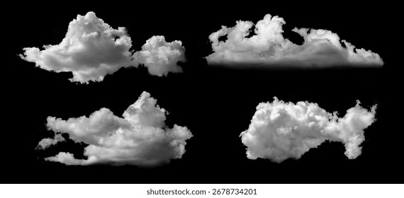 Four clouds are collected in a set on a black background. Easy to select and recolor for collage and editing. Masking and silhouettes for your designs. Brushes of cloud and smoke projections.