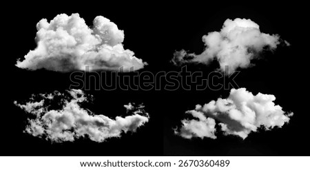 Four clouds are collected in a set on a black background. Easy to select and recolor for collage and editing. Masking and silhouettes for your designs. Brushes of cloud and smoke projections.