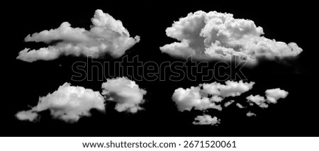 Four clouds are collected in a set on a black background. Easy to select and recolor for collage and editing. Masking and silhouettes for your designs. Brushes of cloud and smoke projections.
