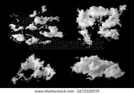 Four clouds are collected in a set on a black background. Easy to select and recolor for collage and editing. Masking and silhouettes for your designs. Brushes of cloud and smoke projections.