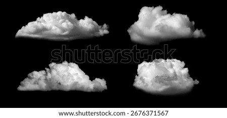 Four clouds are collected in a set on a black background. Easy to select and recolor for collage and editing. Masking and silhouettes for your designs. Brushes of cloud and smoke projections.