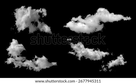 Four clouds are collected in a set on a black background. Easy to select and recolor for collage and editing. Masking and silhouettes for your designs. Brushes of cloud and smoke projections.