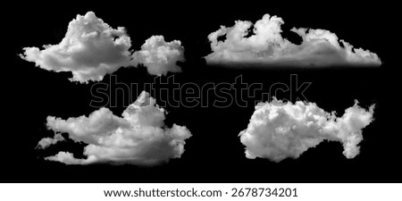 Four clouds are collected in a set on a black background. Easy to select and recolor for collage and editing. Masking and silhouettes for your designs. Brushes of cloud and smoke projections.