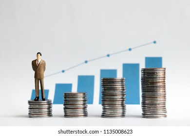 Four coins of different height with miniature businessman against the graph. - Shutterstock ID 1135008623