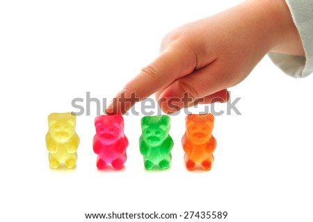 Four of colorful gummy bears on white background