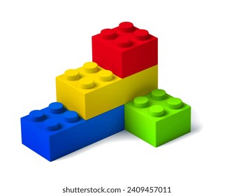 Four colorful toy 3d building block bricks assembly perspective view