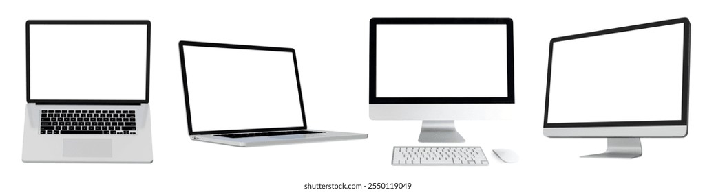 Four computer screens, including laptops and desktops, with blank displays. Laptops and desktops shown from different angles, highlighting screen and keyboard. Desktop computer elements isolated.