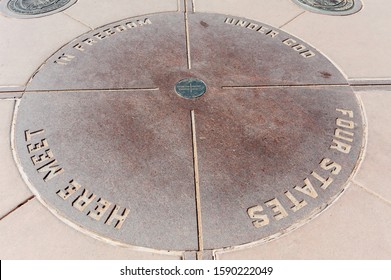 Four Corners / USA - July 21 2019: Four Corners Monument Landmark On The Border Of Utah, Arizona, New Mexico And Colorado