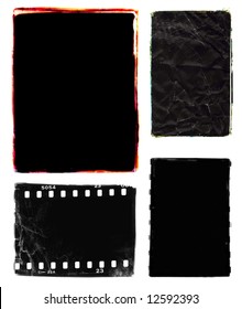 Four Darkroom 35mm Film Photo Borders With Rough Edges, One With Sprocket Holes, Two With Colour Edges.  Created By Filing The Metal Edges Of Negative Carriers Of My Enlarger.  Scanned And Altered.