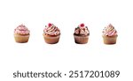 four delicious looking cupcake isolated on a white background with butter cream frosting and sprinkles on it