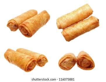 Four Different Angle Of Views Of Two Fried Egg Rolls On White