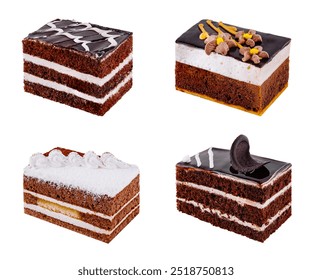 Four different rectangular slices of delicious cake are sitting on a white background