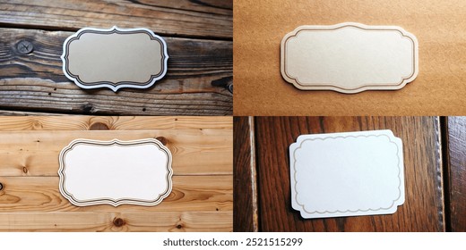 Four different shaped tags with a white background. The tags are all different sizes and shapes. The tags are placed on a wooden surface - Powered by Shutterstock