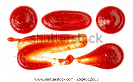 Four distinct ketchup forms two circular dots, an oblong blob, and a dynamic, irregular drizzle. All are isolated on a stark white background.