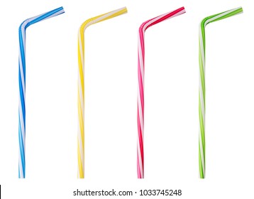 Four drinking straw pink, blue, yellow, green striped isolated on white background. Clipping Path. Full depth of field. - Shutterstock ID 1033745248