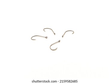 Four Drop Shot Fishing Hooks Size 2 Made From High Carbon Steel Isolated On White Background. Ultra-sharp And Super Durable Needlepoint Hook Point.