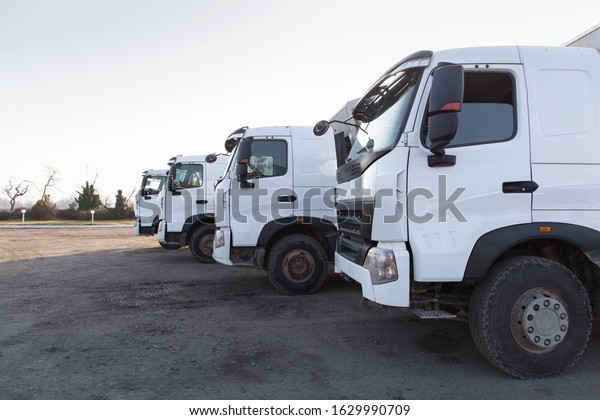 Four dump trucks with white clean cabs are\
beautifully parked in a row next to each other. Delivery,\
logistics, construction. Copy\
space