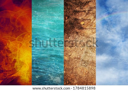 Four Elements of Nature, collage of abstract backgrounds from Fire, Water, Earth, and Air, ecology concept 
