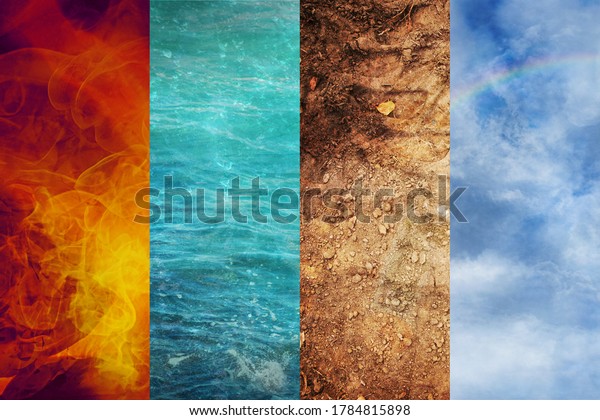 Four Elements of\
Nature, collage of abstract backgrounds from Fire, Water, Earth,\
and Air, ecology concept 