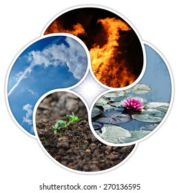 The four elements of nature: fire, water, earth, air. Designed in a quadruple yin yang symbol.