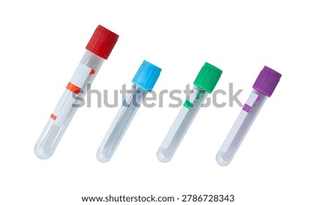 Four empty blood tubes with colored caps, red blue green purple, plastic vacutainers arranged on white background for diagnostic sampling, phlebotomy supplies, sterile specimen handling