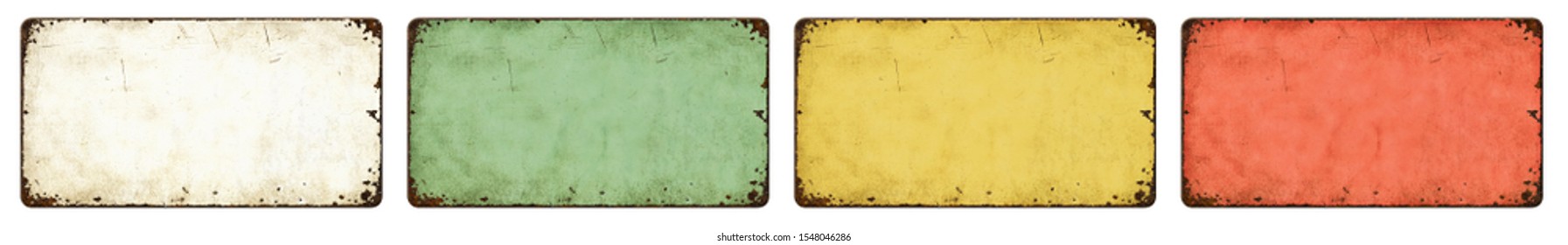 Four empty vintage tin signs on a white background - Shutterstock ID 1548046286