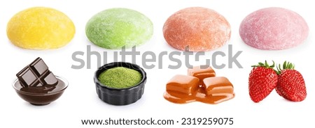 Four flavors of mochi ice cream isolated on a white background. Chocolate, caramel, matcha tea and strawberry. Collection with clipping path.