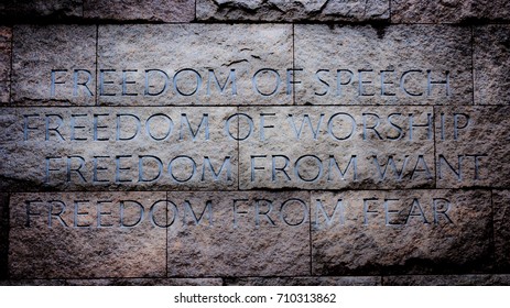 Four Freedoms Engraved Upon Wall At The FDR Memorial, Washington DC