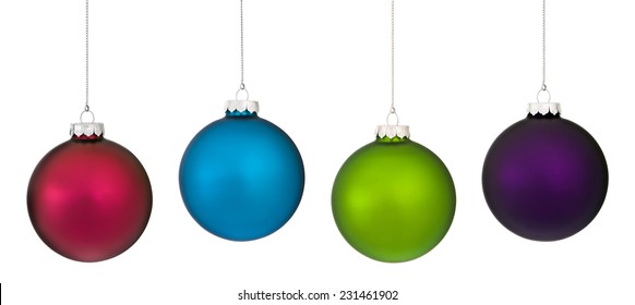 Four Frosted Glass Christmas Ornament Hanging From A Silver Chains Against A White Background.