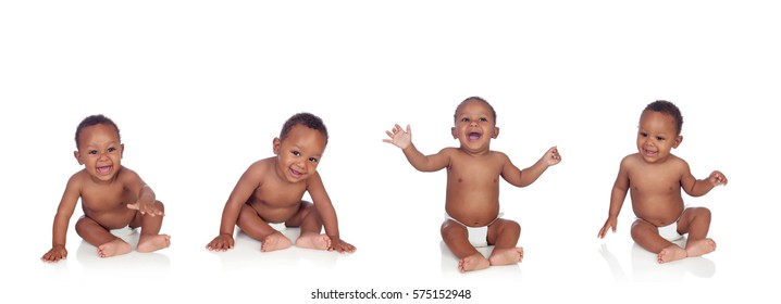 Four Funny African Baby Sitting On The Floor Isolated On White Background