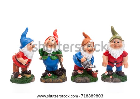 Four Garden Gnomes isolated on white background, simple figurines to decorate your garden