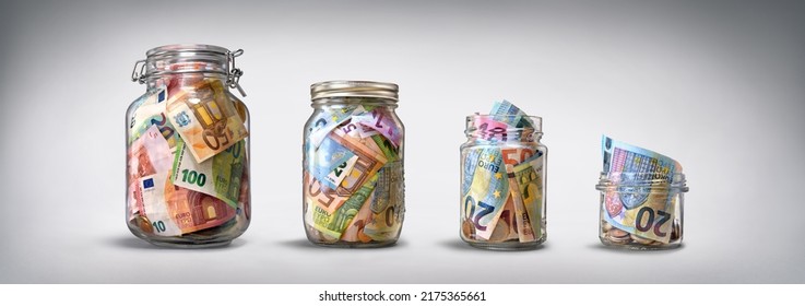 Four glass jars with savings, cash money (euro banknotes) on grey background