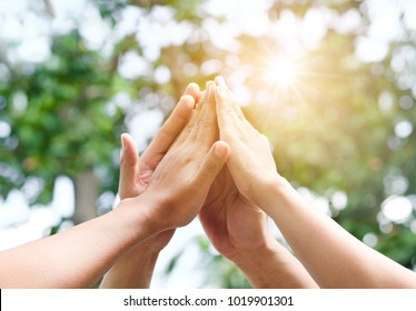 Four hand up of people working assemble corporate meeting show symbol Join forces teamwork quality and effective personnel
Concept organizational development in teamwork and business