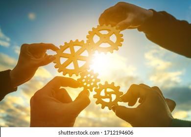Four hands of businessmen collect gear from the gears of the details of puzzles. against the background of sunlight. The concept of a business idea. Teamwork. strategy. Collaboration, partnership