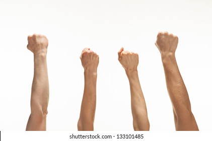 Four hands showing fists raised up, white background - Powered by Shutterstock