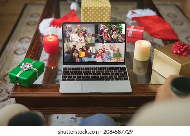 Four Happy Diverse Families At Christmas Smiling On Laptop Group Video Call Screen. Christmas, Festivity And Communication Technology.