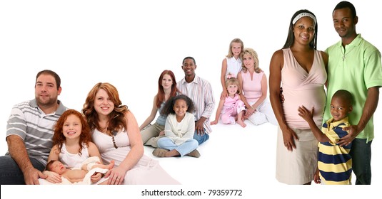 Four Happy Families Of Different Ethnic Backgrounds Together Over White Background.